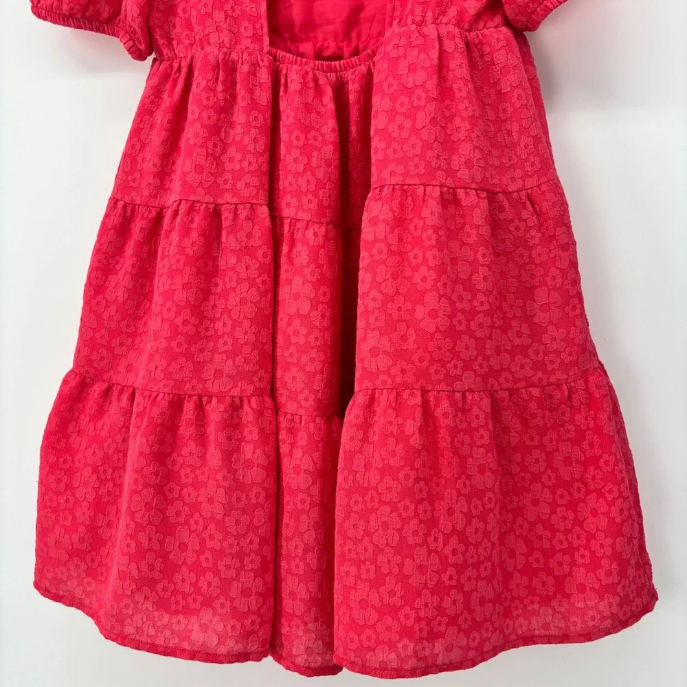Cat & Jack Girls Coral Pink Floral Jacquard Tiered Cutout Back Dress  Sz L 10/12